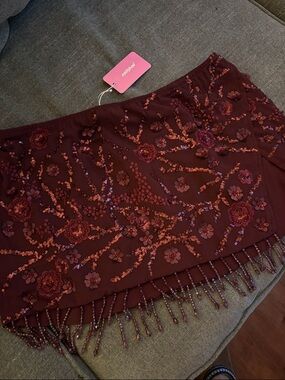 Edikted Burgundy Beaded Mini Skirt